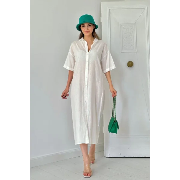 Beyaz Keten Kısa Kollu Elbise