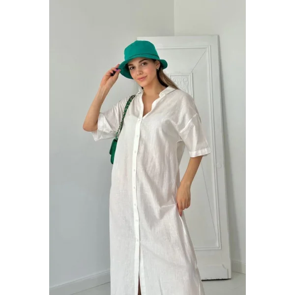 Beyaz Keten Kısa Kollu Elbise