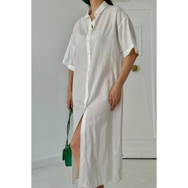 Beyaz Keten Kısa Kollu Elbise