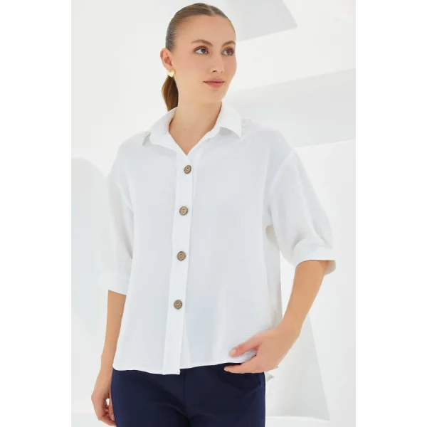 Beyaz Kısa Kol Oversize Keten Gömlek 202