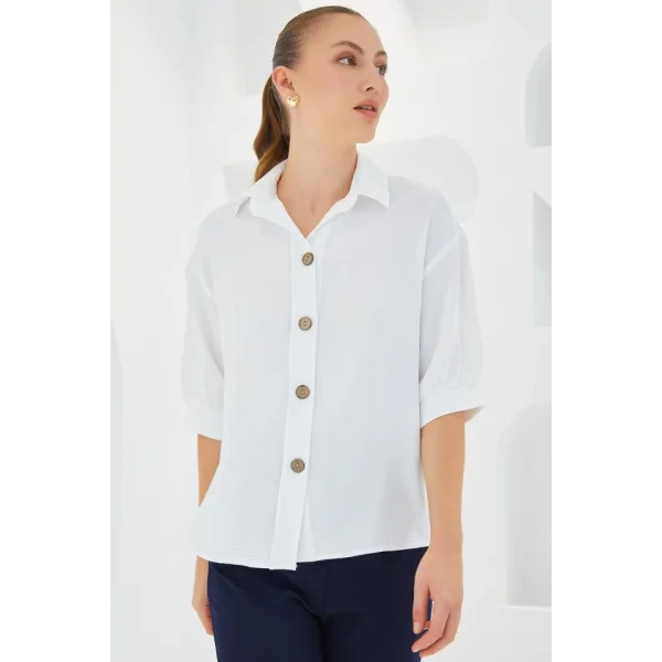 Beyaz Kısa Kol Oversize Keten Gömlek 202