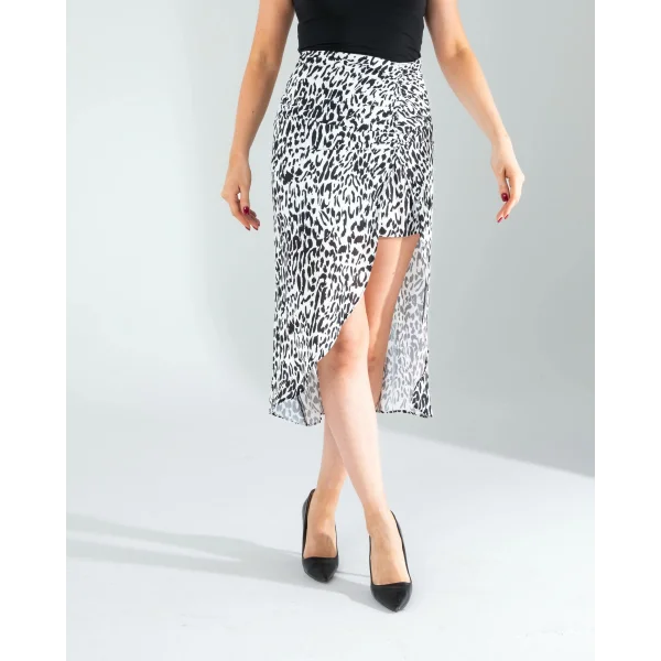 Beyaz Leopar Desen Yandan Büzgülü Saten Etek