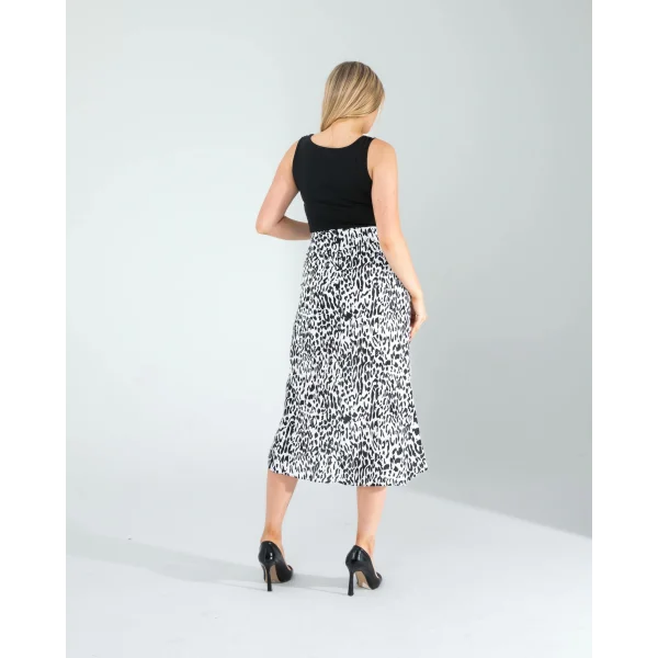 Beyaz Leopar Desen Yandan Büzgülü Saten Etek