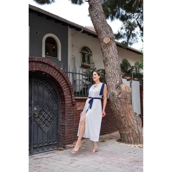 Beyaz Puantiyeli Kuşaklı Elbise