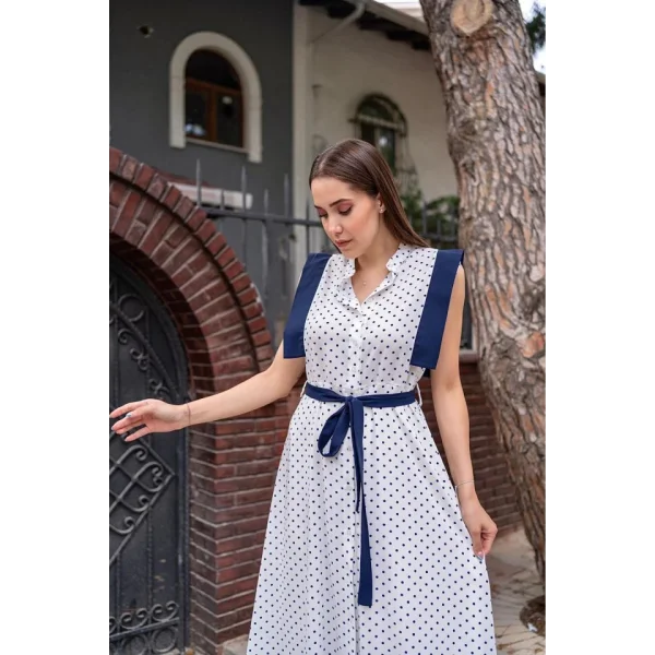 Beyaz Puantiyeli Kuşaklı Elbise