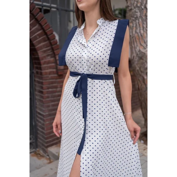 Beyaz Puantiyeli Kuşaklı Elbise