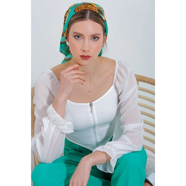 Beyaz Şifon Önü Fermuarlı Bluz 0496
