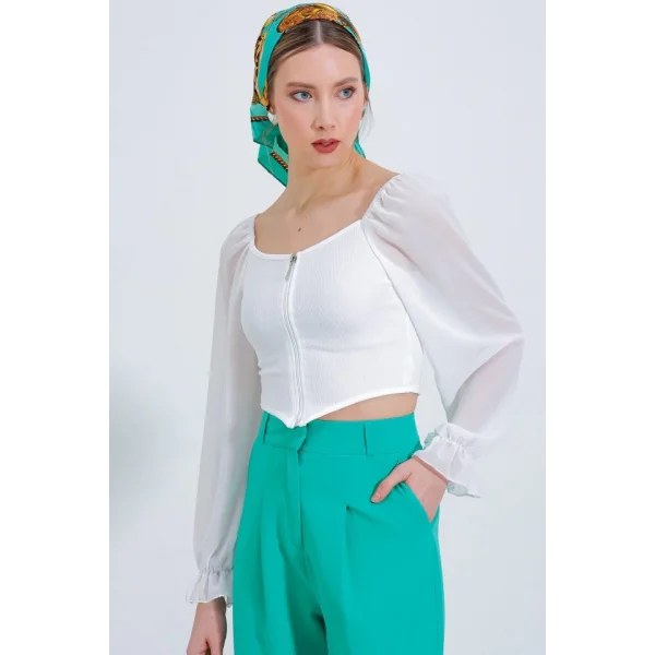 Beyaz Şifon Önü Fermuarlı Bluz 0496