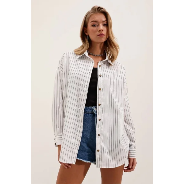 Beyaz Siyah Çizgili Oversize Uzun Basic Gömlek 3900