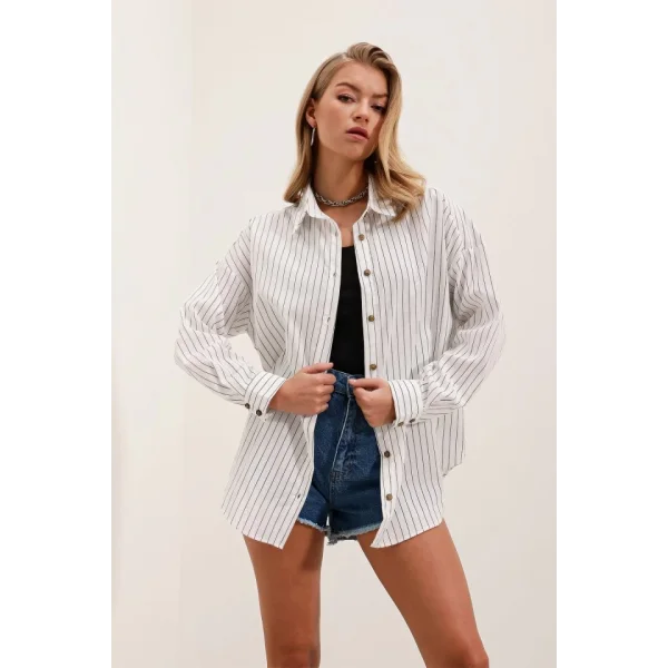 Beyaz Siyah Çizgili Oversize Uzun Basic Gömlek 3900