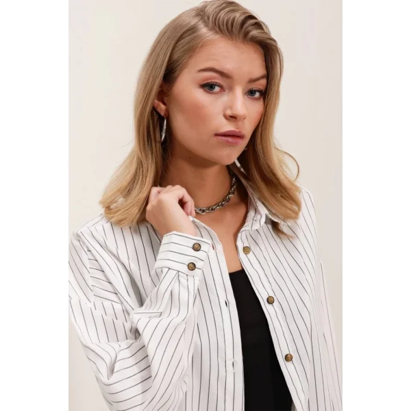 Beyaz Siyah Çizgili Oversize Uzun Basic Gömlek 3900