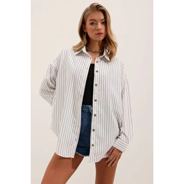 Beyaz Siyah Çizgili Oversize Uzun Basic Gömlek 3900