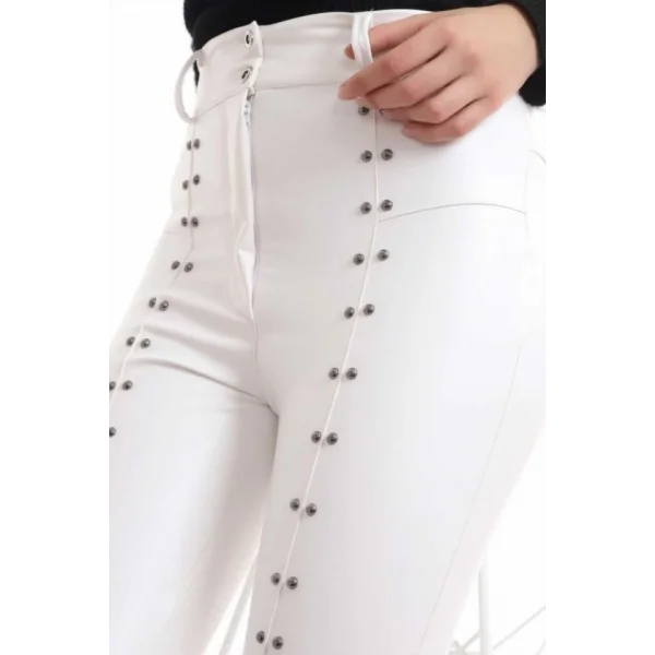 Beyaz Taş İşlemeli Deri Tayt