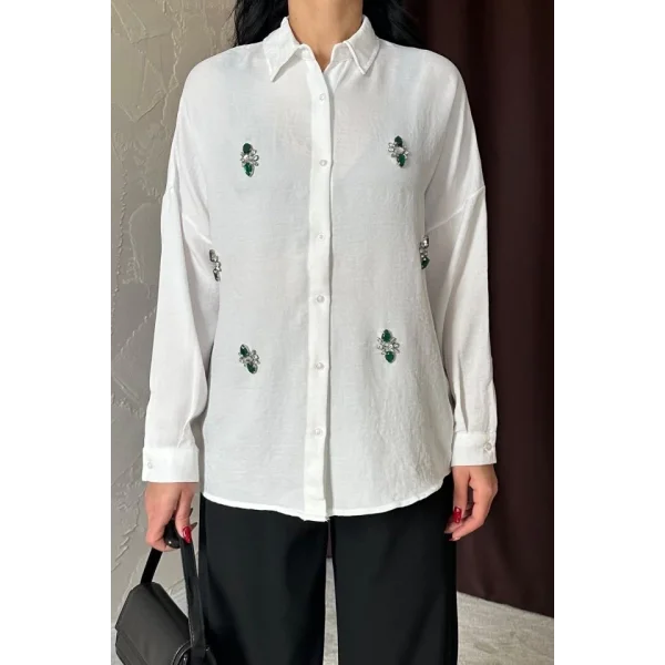 Beyaz Taş İşlemeli Gömlek