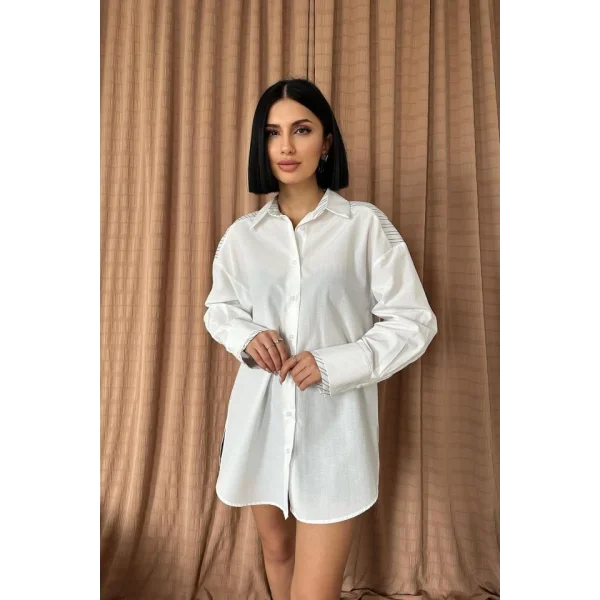 Beyaz Trikoton Çizgili Garnili Gömlek