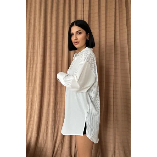 Beyaz Trikoton Çizgili Garnili Gömlek