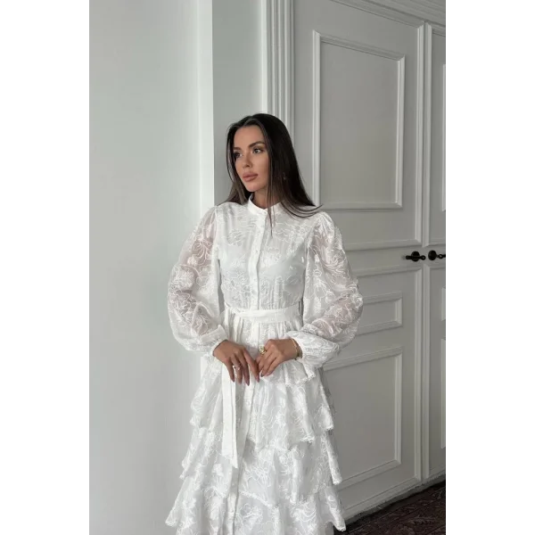 Beyaz Valonlu Şeritli Kat Kat Elbise