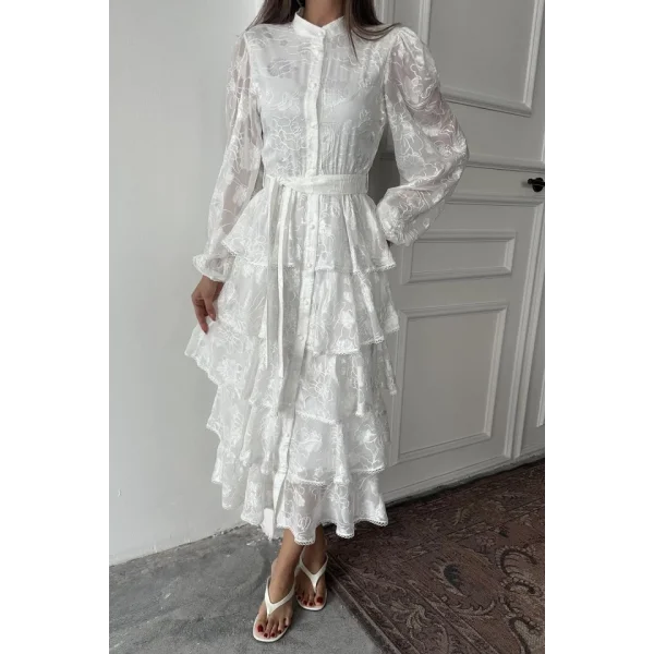 Beyaz Valonlu Şeritli Kat Kat Elbise