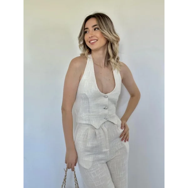 Beyaz Yelek Ve Pantolon Takım