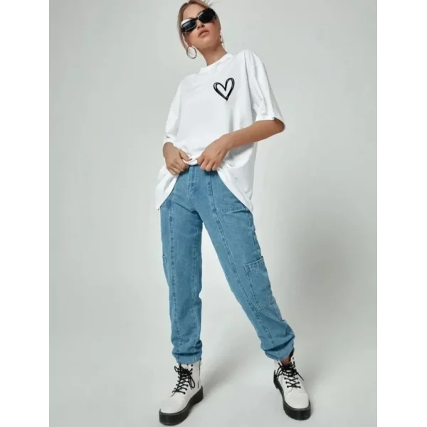 Bisiklet Yaka Baskılı Oversize Thirt  Beyaz