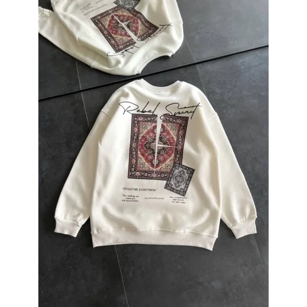 Bisiklet Yaka Baskılı SweatShirt - Beyaz
