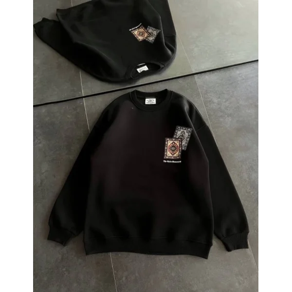 Bisiklet Yaka Baskılı SweatShirt - Siyah