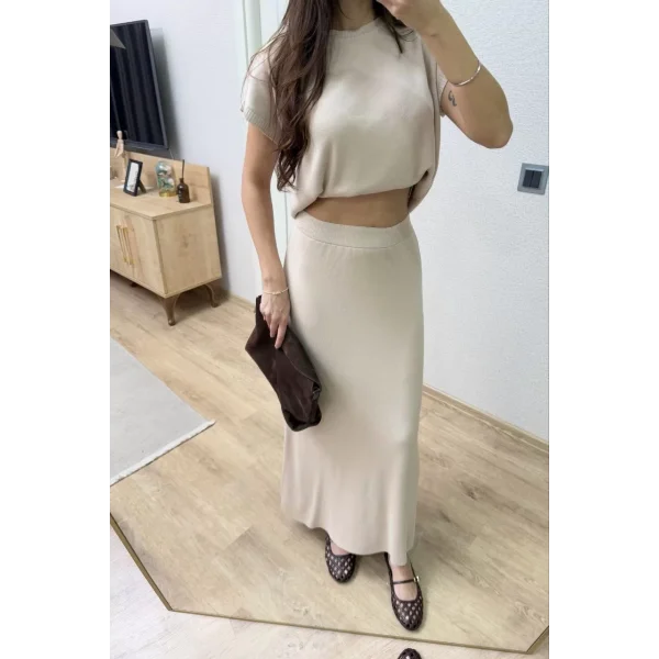 Bisiklet Yaka Bluz Uzun Etekli ikili Takım Triko - Beyaz