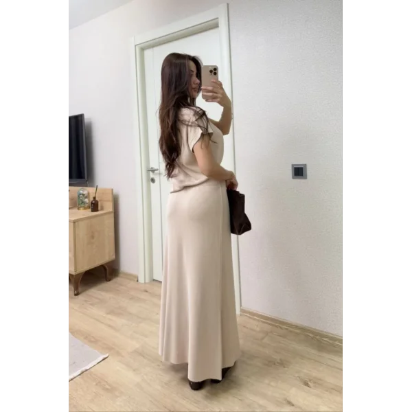 Bisiklet Yaka Bluz Uzun Etekli ikili Takım Triko - Beyaz