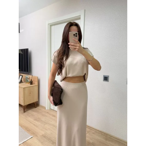 Bisiklet Yaka Bluz Uzun Etekli ikili Takım Triko - Beyaz