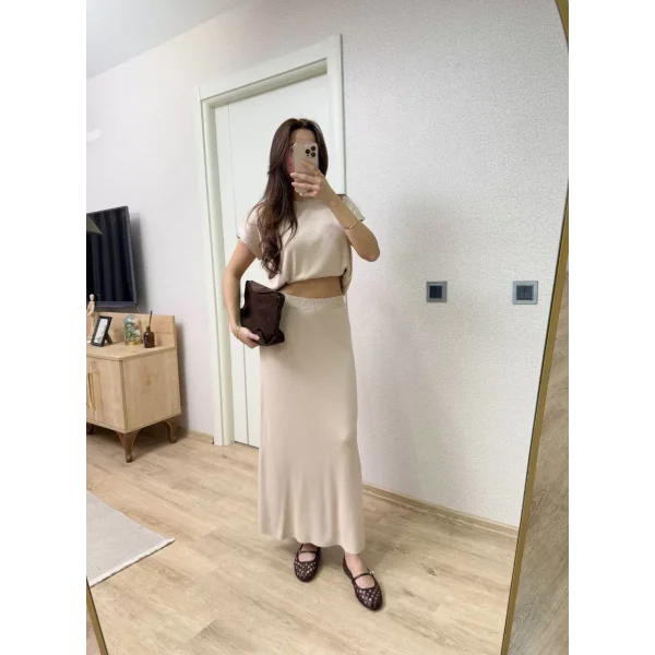 Bisiklet Yaka Bluz Uzun Etekli ikili Takım Triko - Beyaz