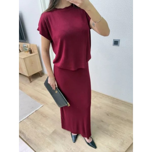 Bisiklet Yaka Bluz Uzun Etekli ikili Takım Triko - Bordo