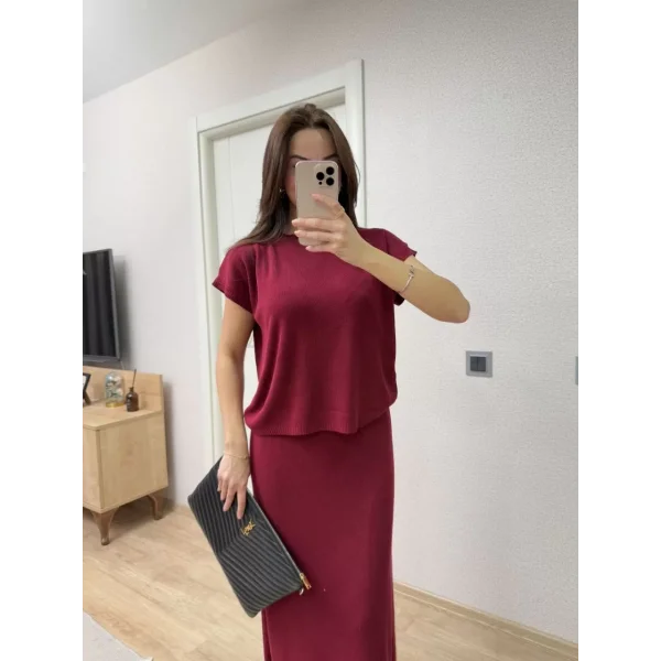 Bisiklet Yaka Bluz Uzun Etekli ikili Takım Triko - Bordo