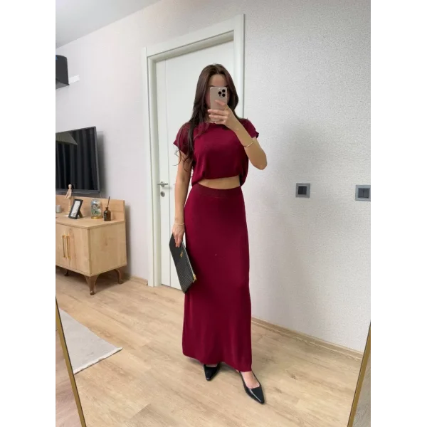 Bisiklet Yaka Bluz Uzun Etekli ikili Takım Triko - Bordo