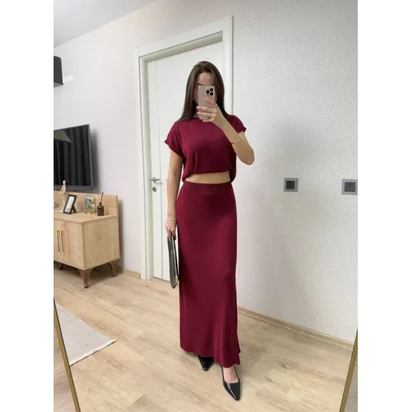 Bisiklet Yaka Bluz Uzun Etekli ikili Takım Triko - Bordo