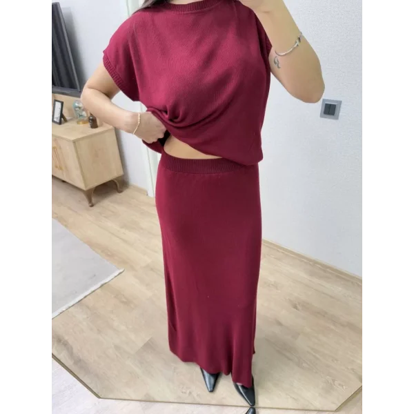 Bisiklet Yaka Bluz Uzun Etekli ikili Takım Triko - Bordo