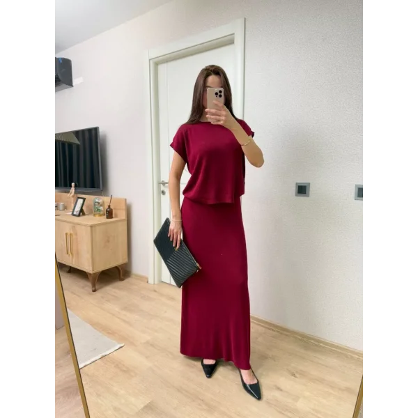 Bisiklet Yaka Bluz Uzun Etekli ikili Takım Triko - Bordo