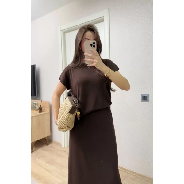 Bisiklet Yaka Bluz Uzun Etekli ikili Takım Triko - Kahve