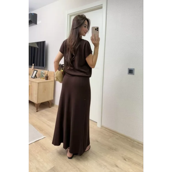 Bisiklet Yaka Bluz Uzun Etekli ikili Takım Triko - Kahve