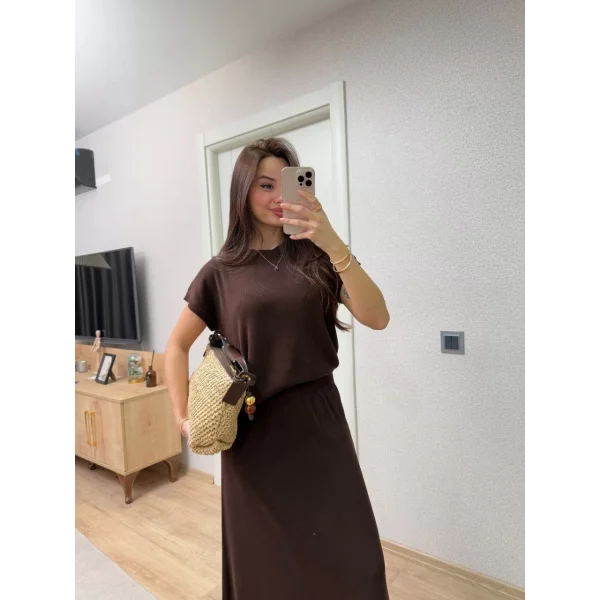 Bisiklet Yaka Bluz Uzun Etekli ikili Takım Triko - Kahve