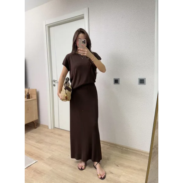 Bisiklet Yaka Bluz Uzun Etekli ikili Takım Triko - Kahve