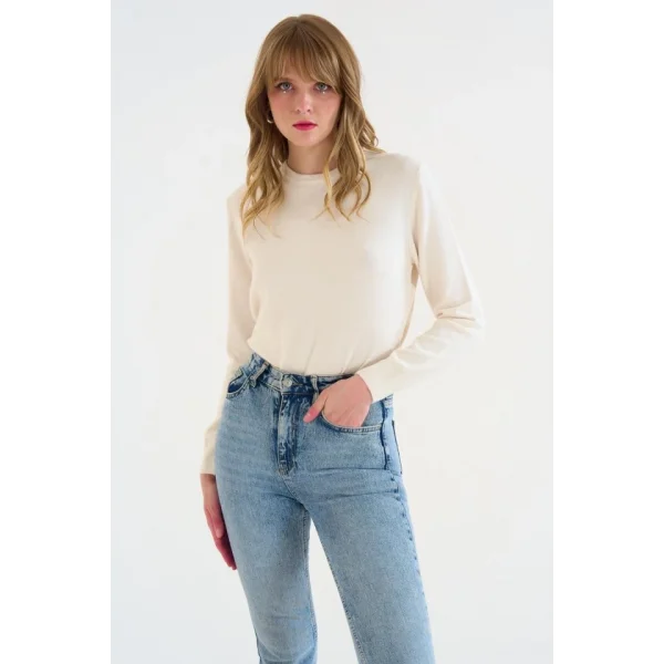 Bisiklet Yaka Düz Kazak  Krem