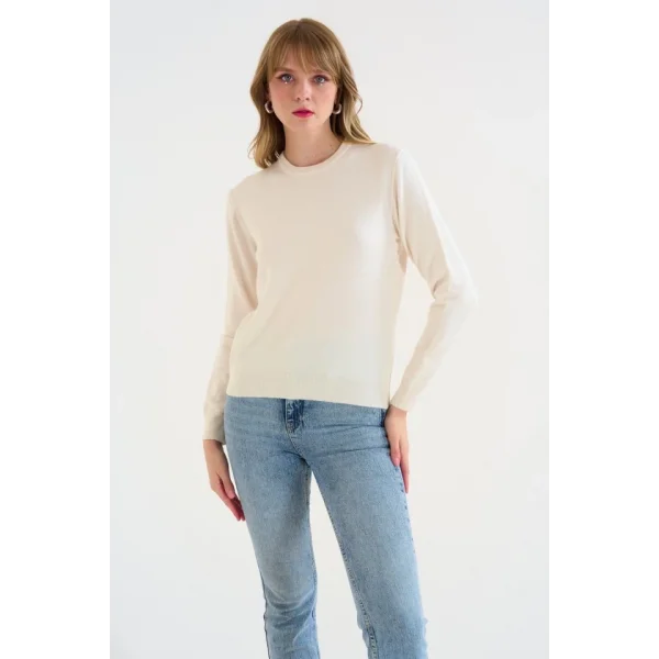 Bisiklet Yaka Düz Kazak  Krem