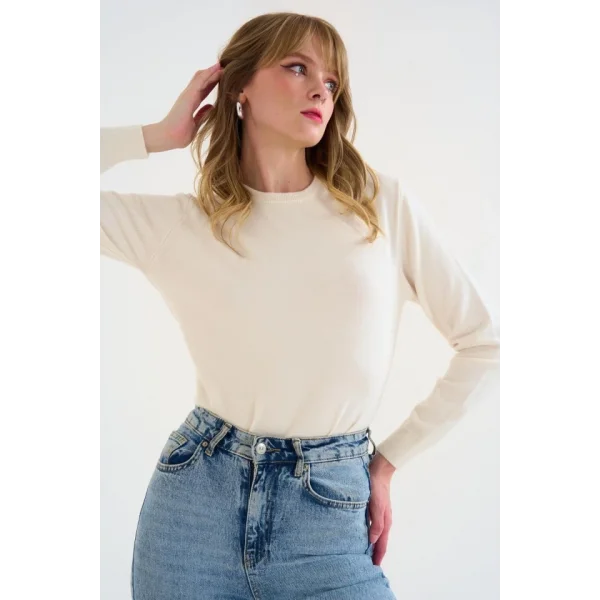 Bisiklet Yaka Düz Kazak  Krem