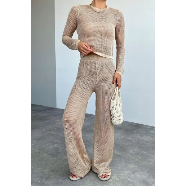 Bisiklet Yaka File Desenli Takım  Bej