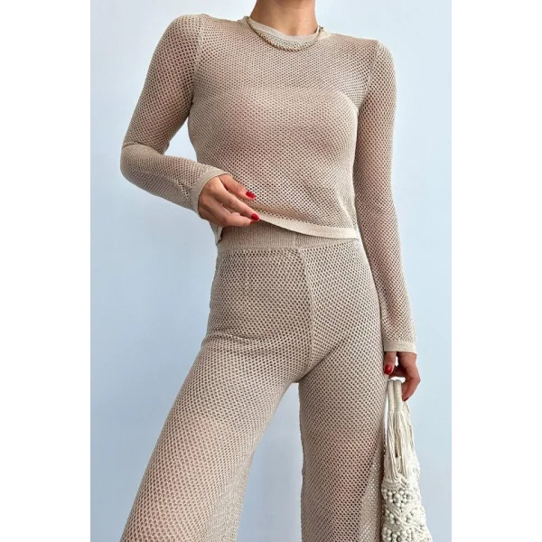 Bisiklet Yaka File Desenli Takım  Bej