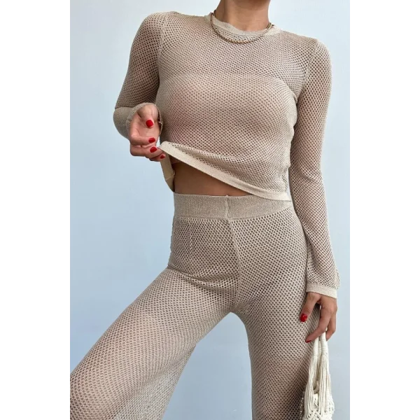 Bisiklet Yaka File Desenli Takım  Bej