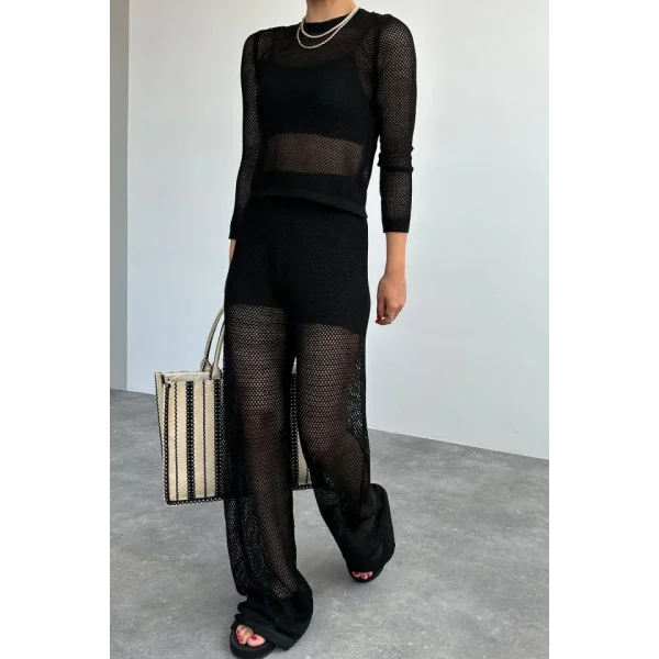 Bisiklet Yaka File Desenli Takım  Siyah