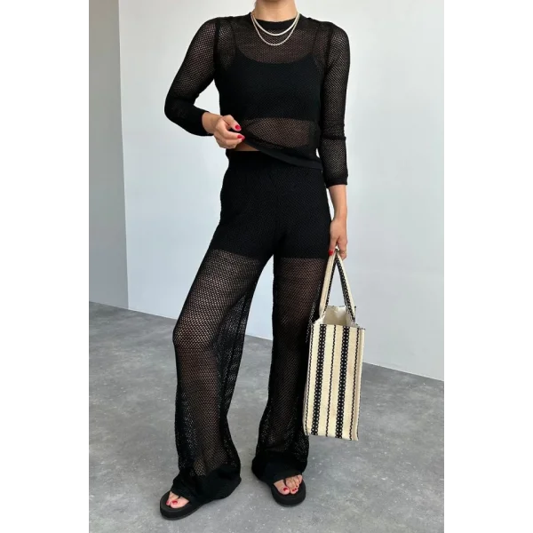 Bisiklet Yaka File Desenli Takım  Siyah