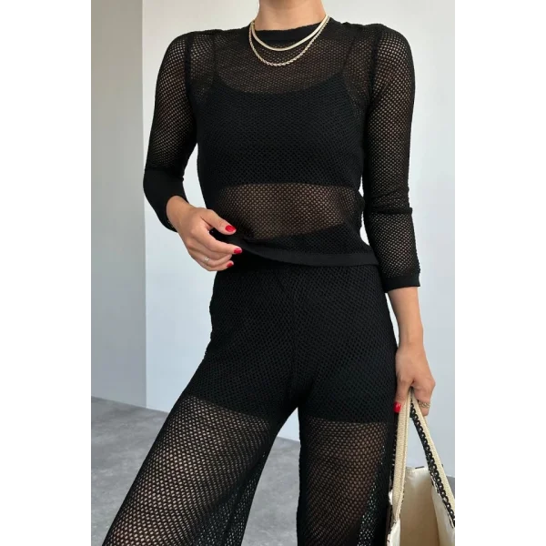 Bisiklet Yaka File Desenli Takım  Siyah