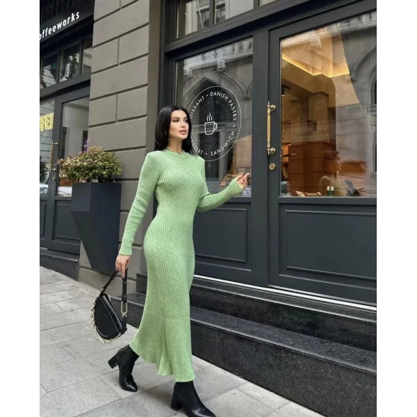 Bisiklet Yaka Fitilli Uzun Elbise -Açık Yeşil